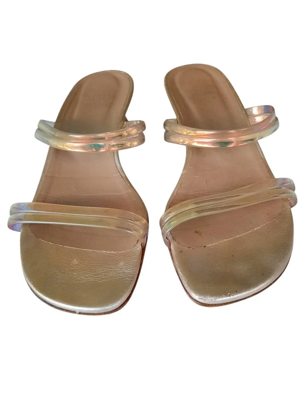 STUART WEITZMAN Y2K Iridescent PVC Strappy Slide Sandals w/Gold Low Wedge 8.5M